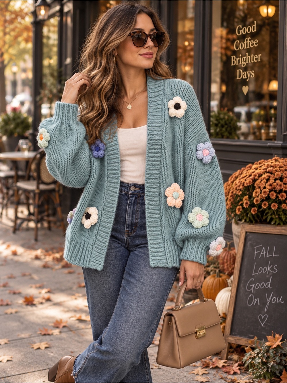 Anthropologie Sage Green Chunky Knit Cardigan with Pastel Flower Appliqués